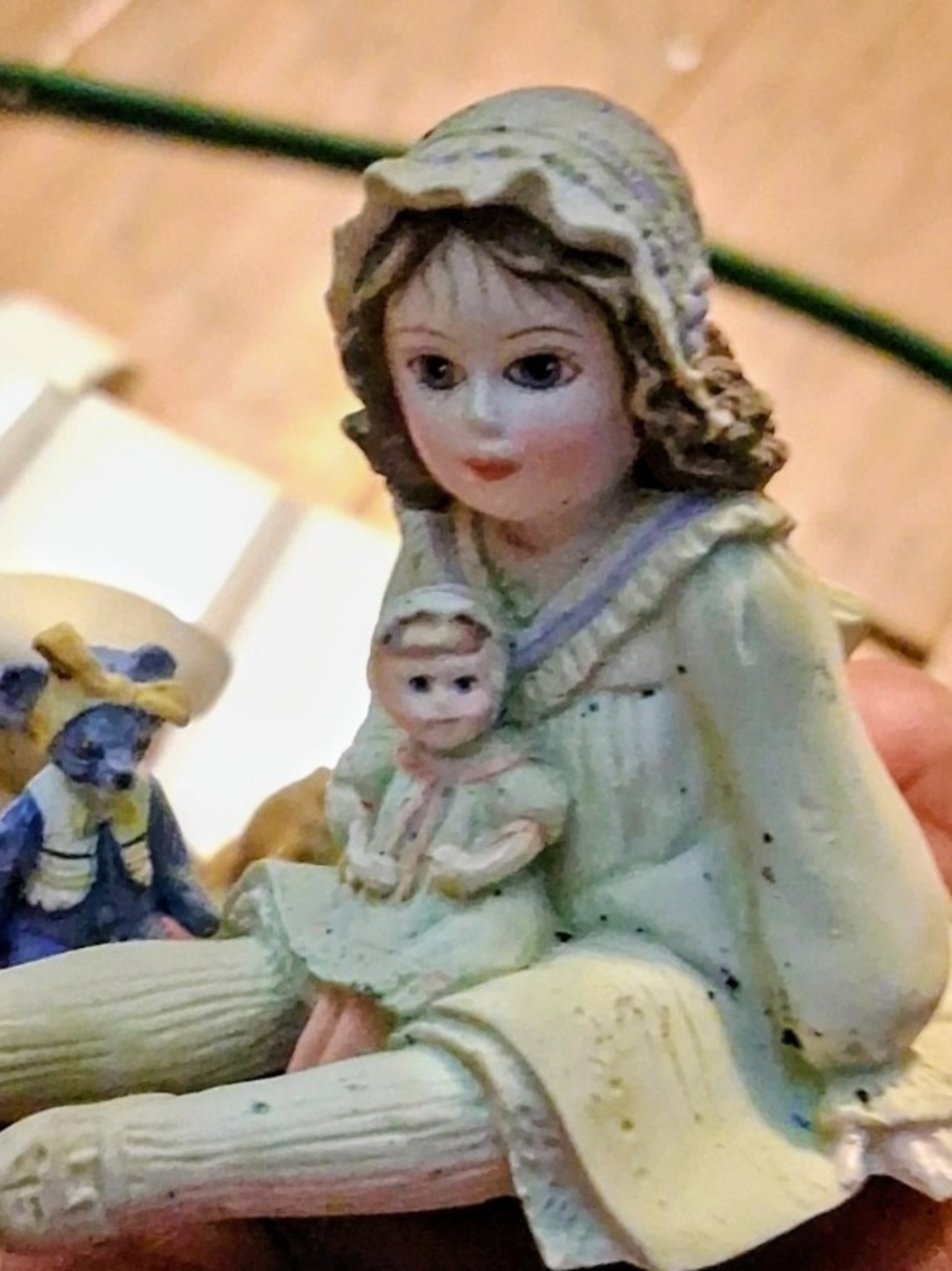 Unbranded Porcelain Girl Figurine in Pale Green with Baby Doll - Picture 5 of 5